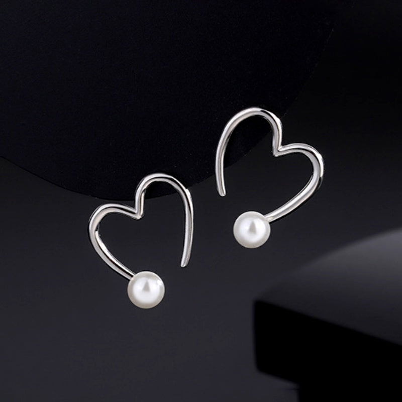 Sterling Silver Hollow Heart Pearl Earrings