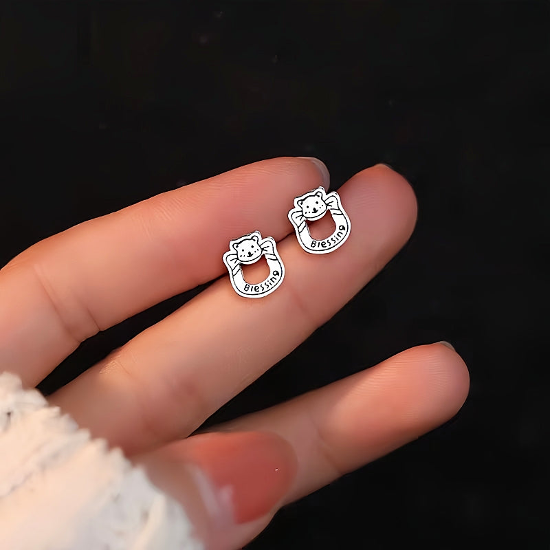 Sterling Silver Hollow Letter Bear Earrings