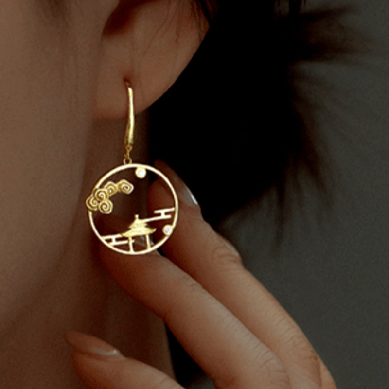Sterling Silver Landscape Pavilion Ear Hook Earrings