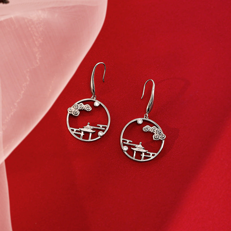 Sterling Silver Landscape Pavilion Ear Hook Earrings