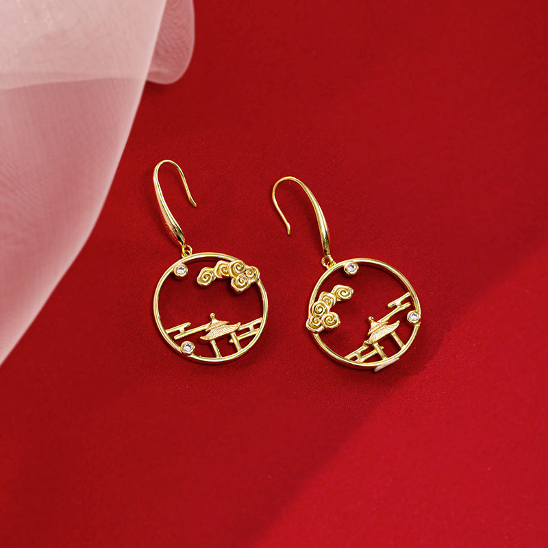 Sterling Silver Landscape Pavilion Ear Hook Earrings