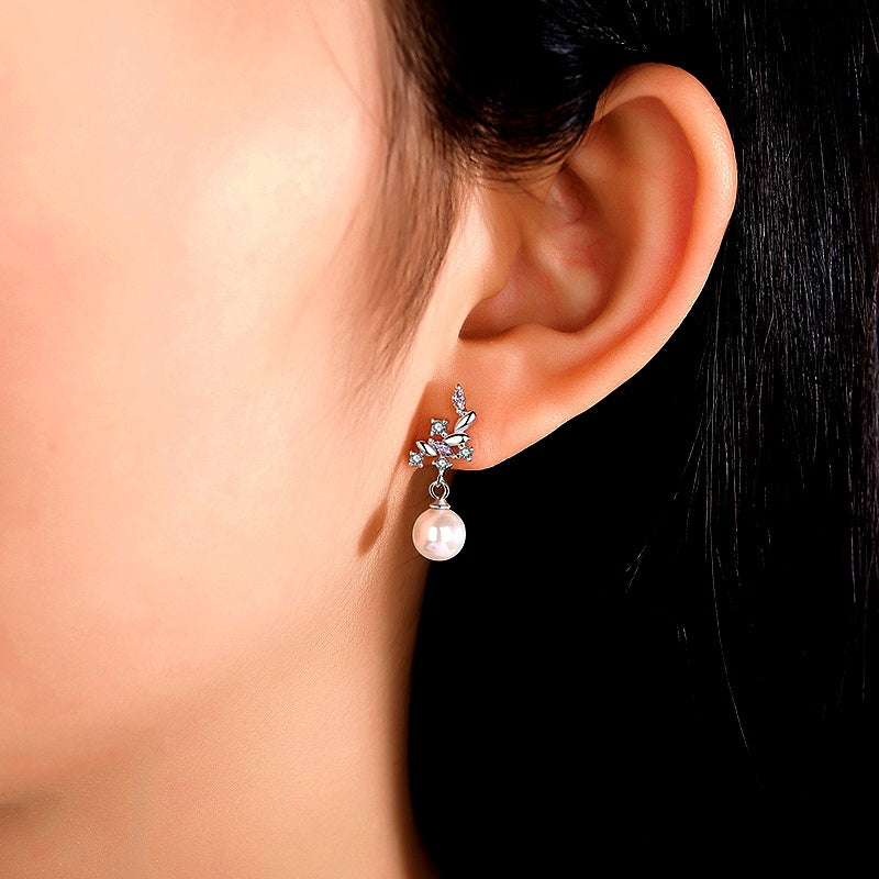 Sterling Silver Leaf Artificial Pearl Earrings