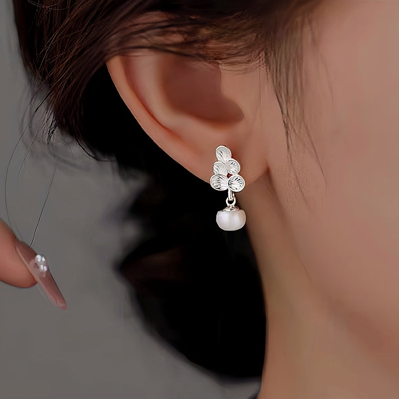 Sterling Silver Leaf Pearl Drop Earrings