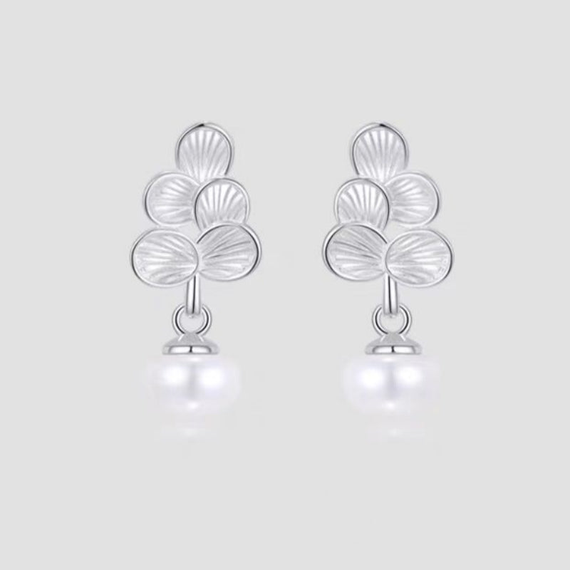 Sterling Silver Leaf Pearl Drop Earrings