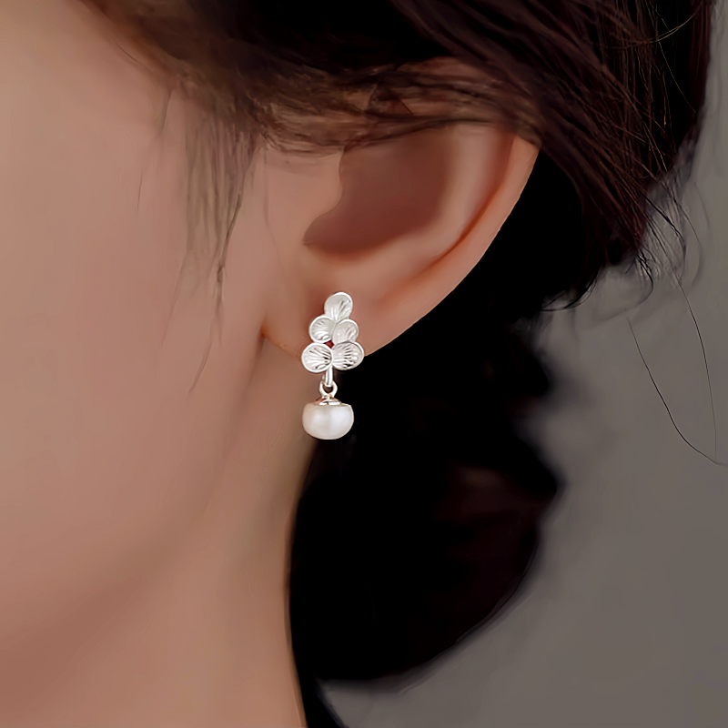 Sterling Silver Leaf Pearl Drop Earrings
