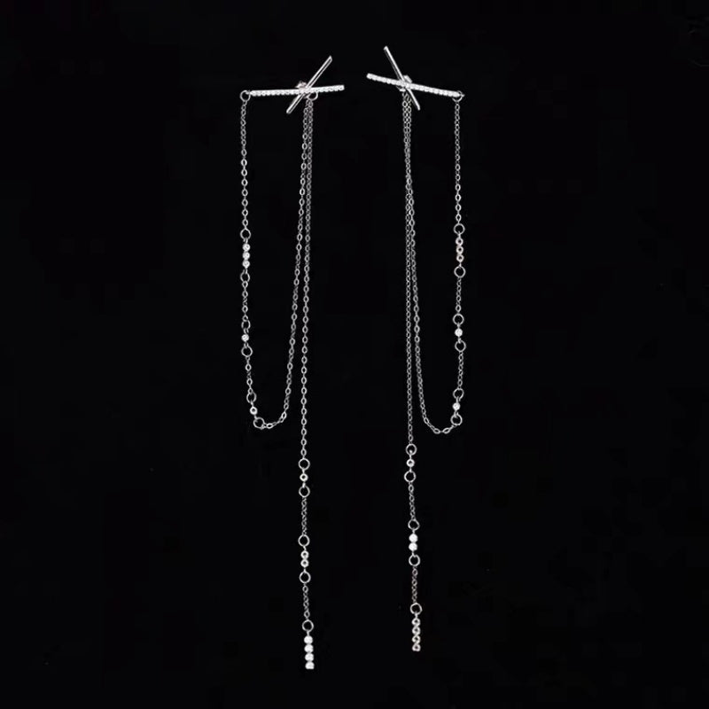 Sterling Silver Long Diamonds X-Shaped Earrings