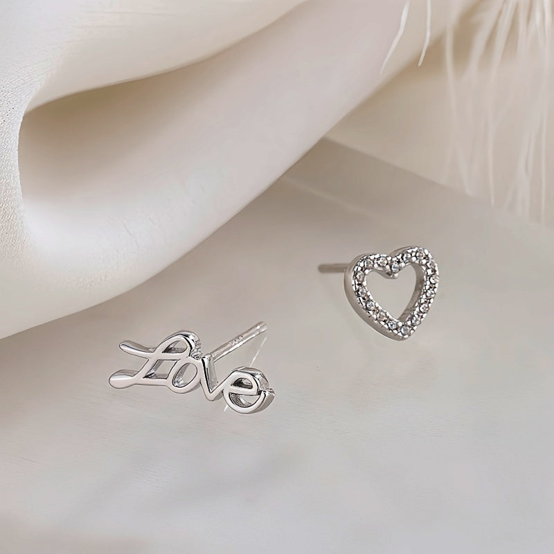 Sterling Silver Love Asymmetrical Stud Earrings