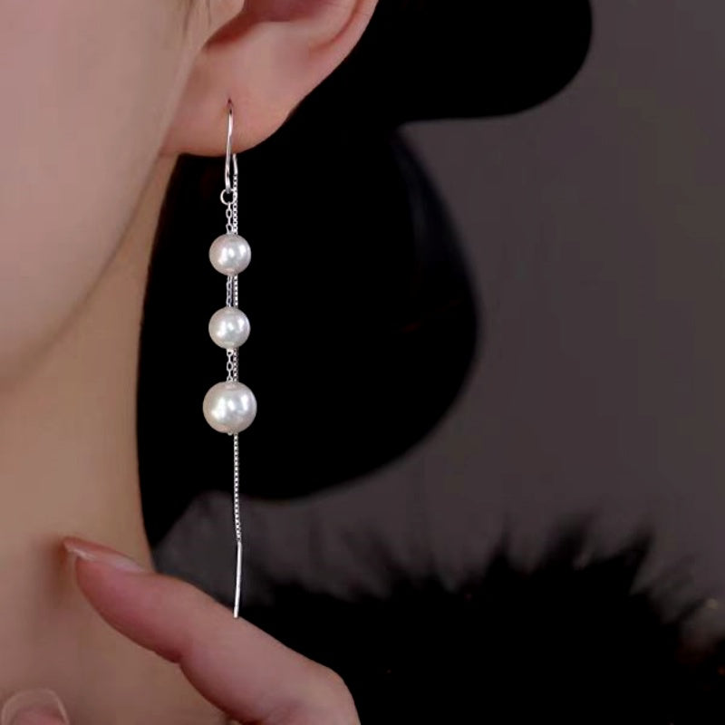 Sterling Silver Luxury Artificial Pearl Tassel Threader Earrings