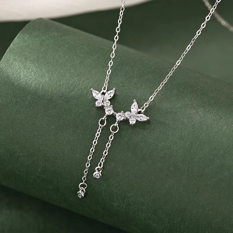 Sterling Silver Luxury Diamond Butterfly Tassel Necklaces