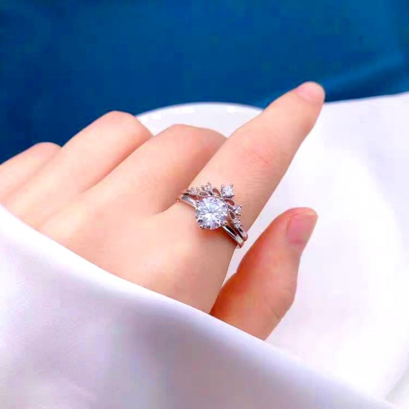 Sterling Silver Luxury Diamond Crown Two-In-One Open Adjustable Rings
