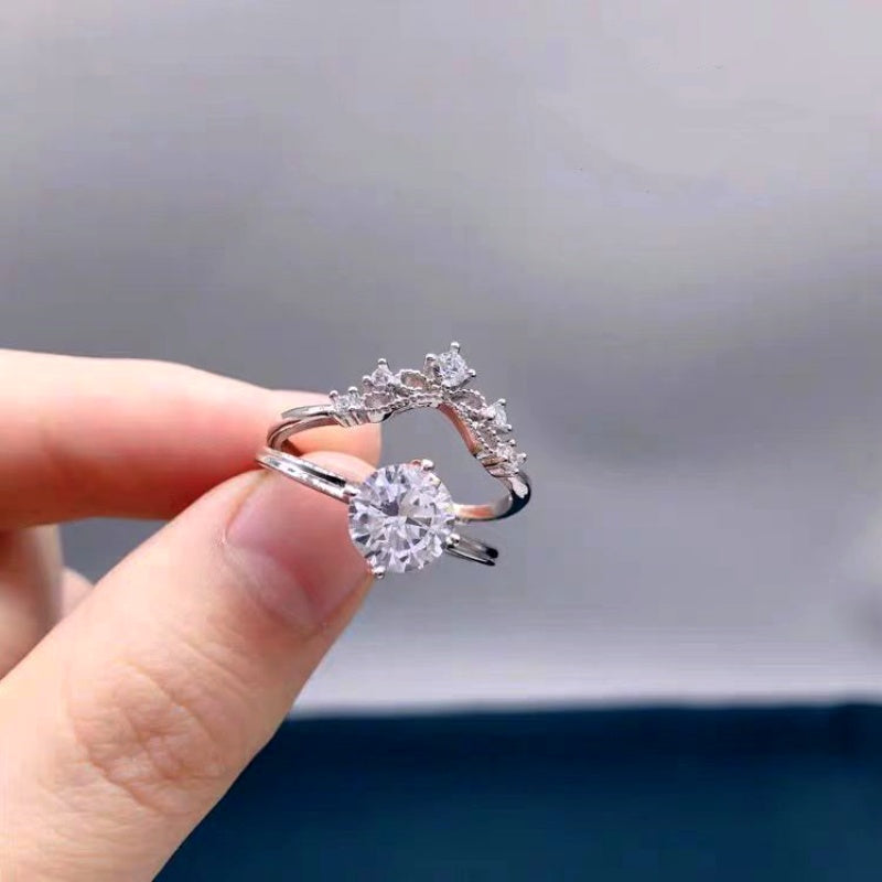 Sterling Silver Luxury Diamond Crown Two-In-One Open Adjustable Rings