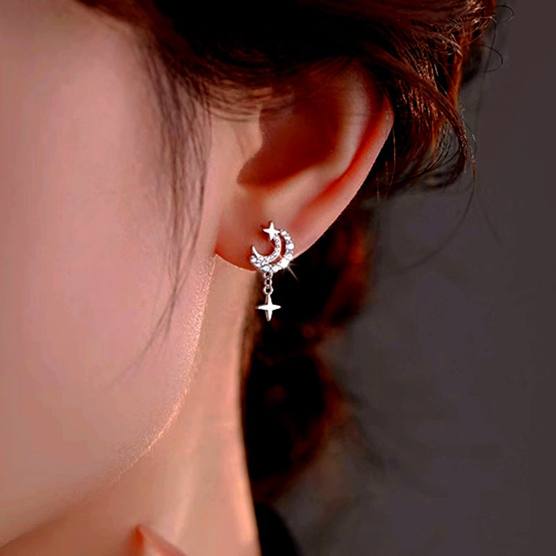 Sterling Silver Luxury Diamond Star And Moon Earrings