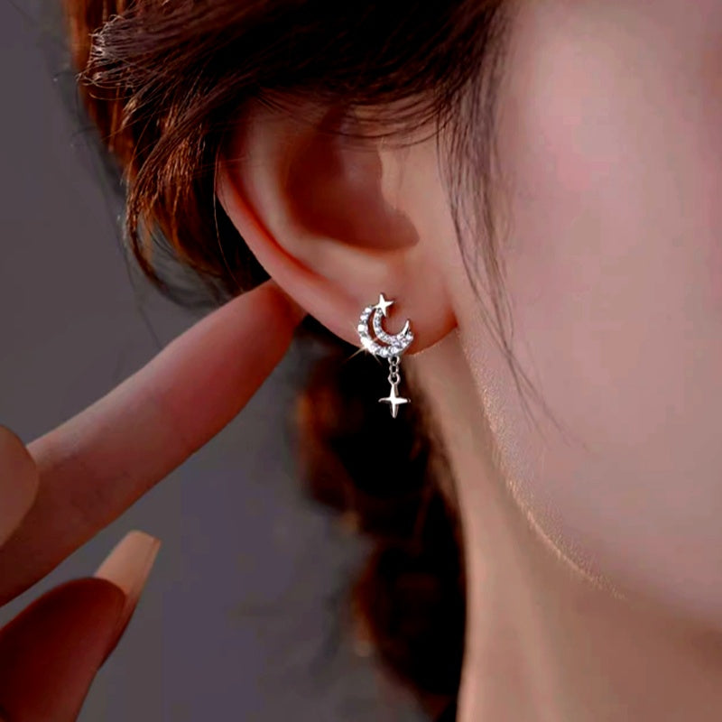 Sterling Silver Luxury Diamond Star And Moon Earrings