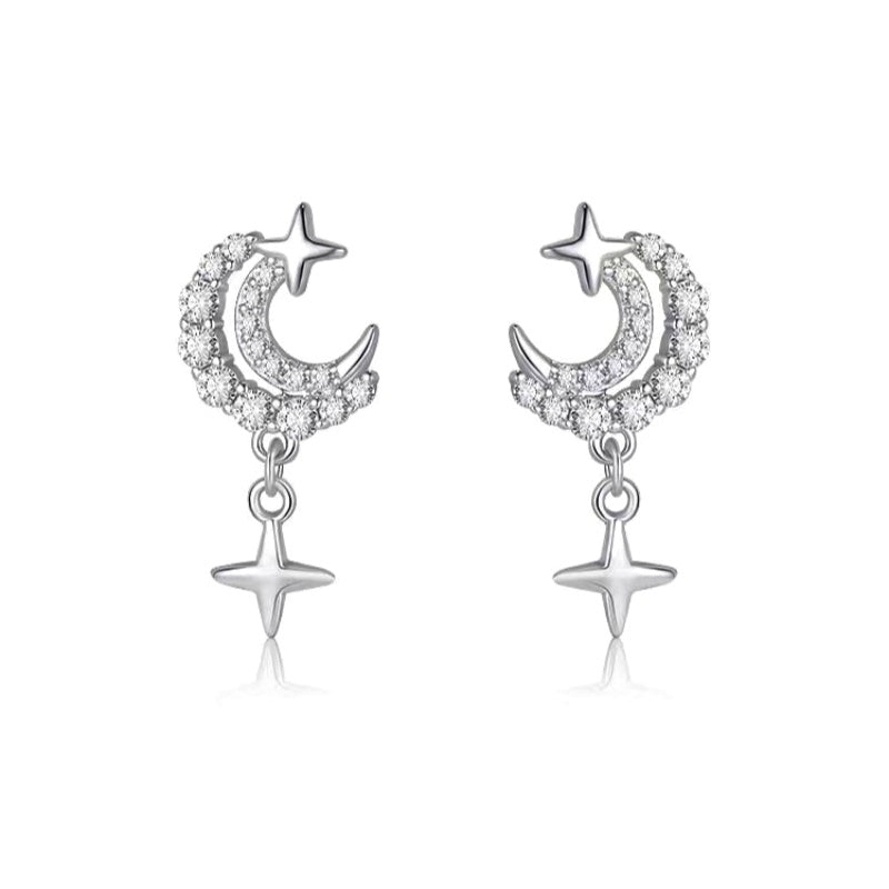 Sterling Silver Luxury Diamond Star And Moon Earrings