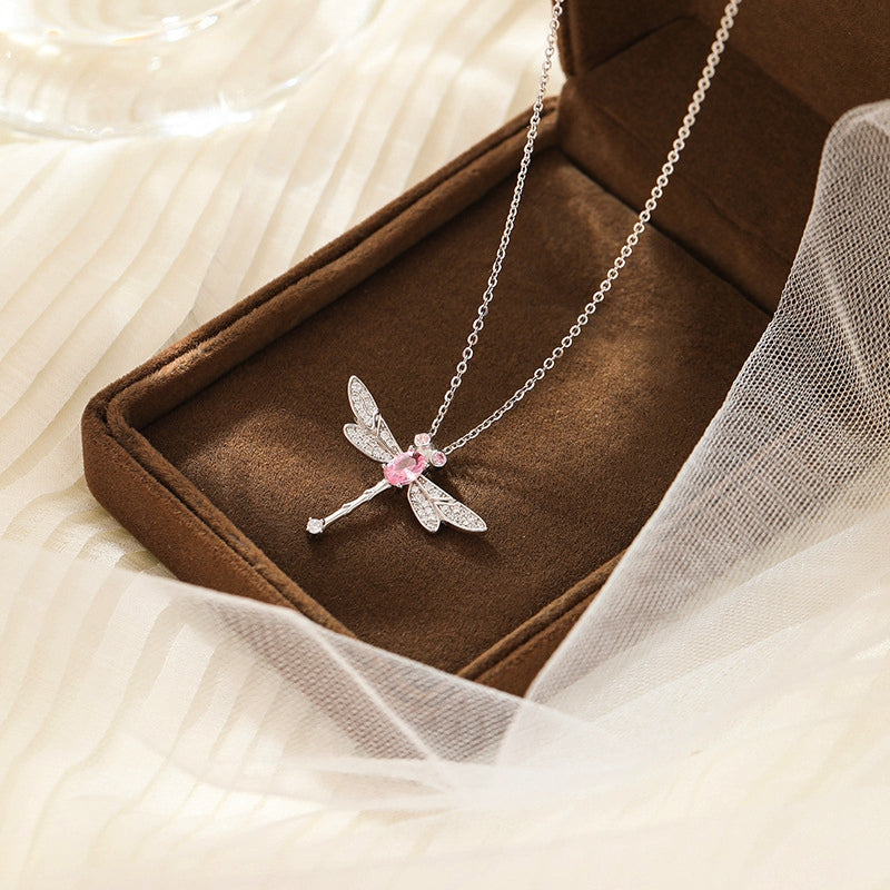 Sterling Silver Luxury Dragonfly Pink Zircon Diamond Necklace