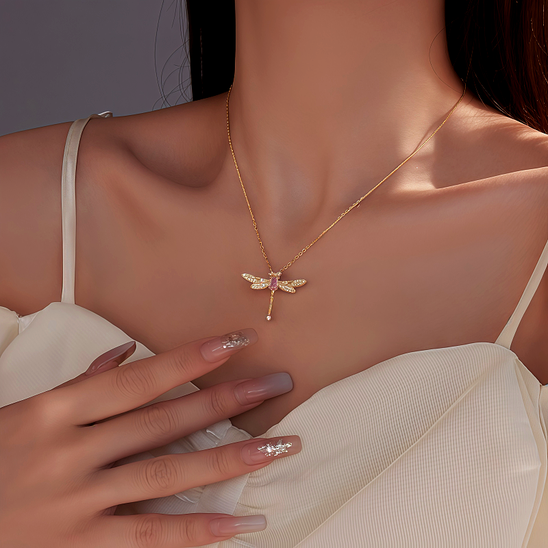 Sterling Silver Luxury Dragonfly Pink Zircon Diamond Necklace