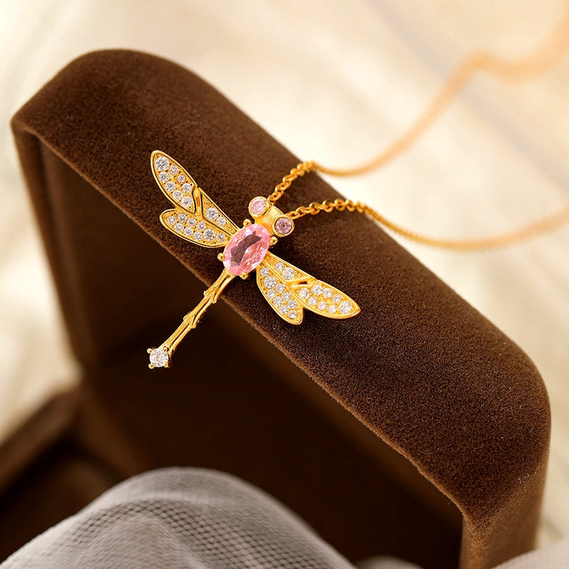 Sterling Silver Luxury Dragonfly Pink Zircon Diamond Necklace