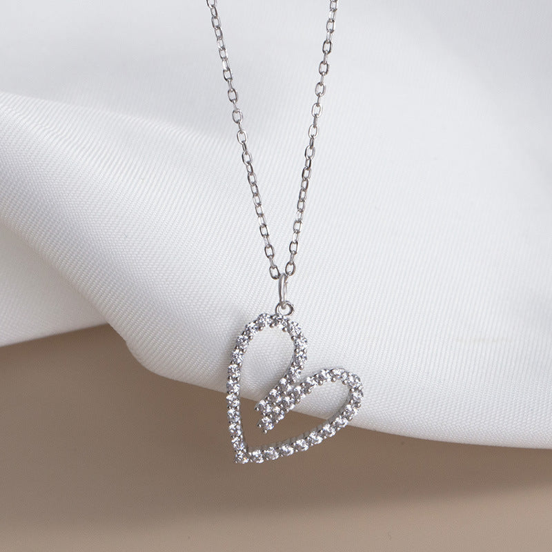 Sterling Silver Luxury Hollow Zircon Heart Pendant Necklace