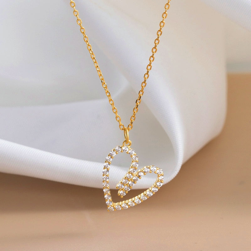 Sterling Silver Luxury Hollow Zircon Heart Pendant Necklace