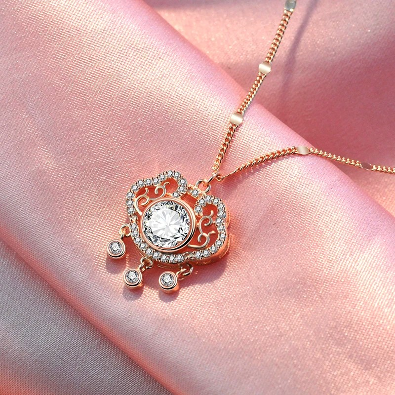 Sterling Silver Luxury Zircon Ruyi Peace Lock Necklace