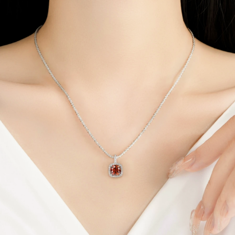 Sterling Silver Moissanite Red Square Necklaces