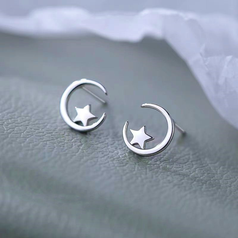 Sterling Silver Moon And Star Stud Earrings