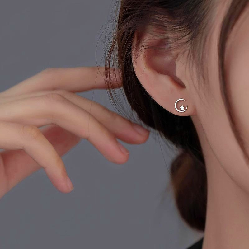 Sterling Silver Moon And Star Stud Earrings