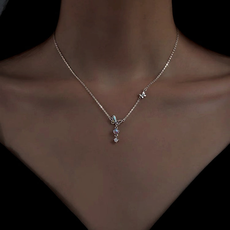 Sterling Silver Moonstone Butterfly Tassel Necklace