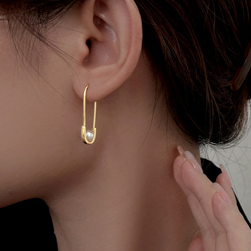 Sterling Silver Paper Clip Imitation Pearl Earrings