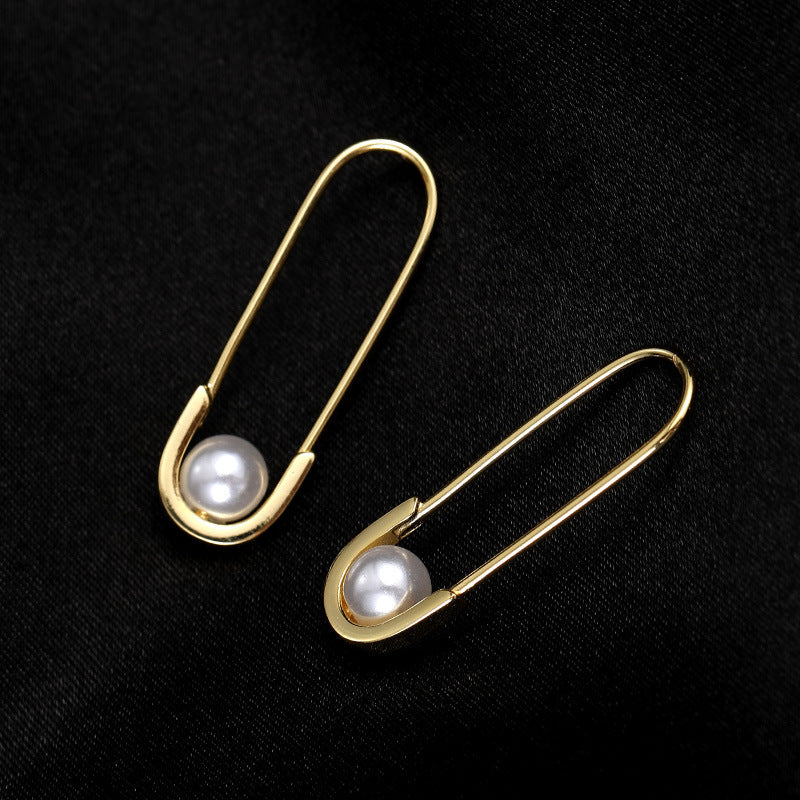 Sterling Silver Paper Clip Imitation Pearl Earrings