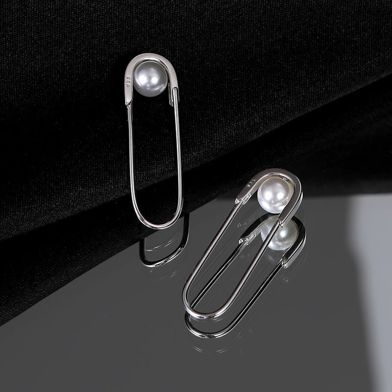 Sterling Silver Paper Clip Imitation Pearl Earrings