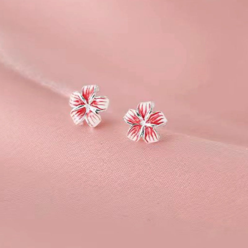 Sterling Silver Peach Red Five-Petal Flower Earrings