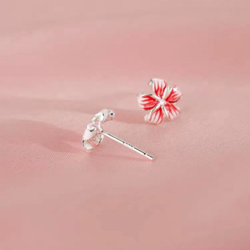 Sterling Silver Peach Red Five-Petal Flower Earrings