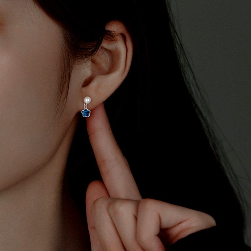 Sterling Silver Pearl Blue Flower Earrings