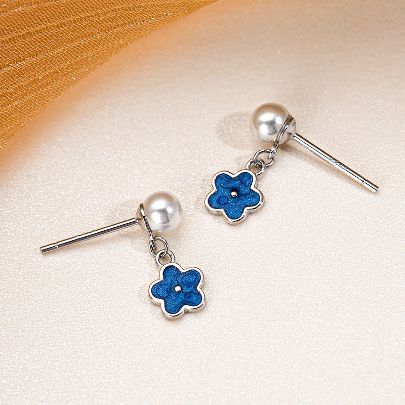 Sterling Silver Pearl Blue Flower Earrings
