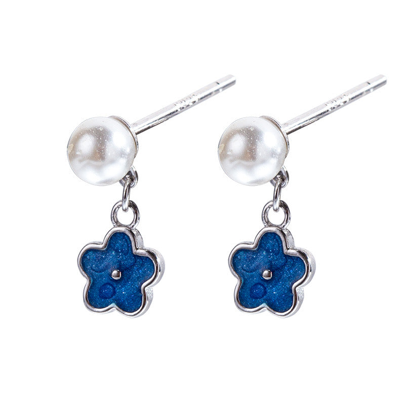 Sterling Silver Pearl Blue Flower Earrings