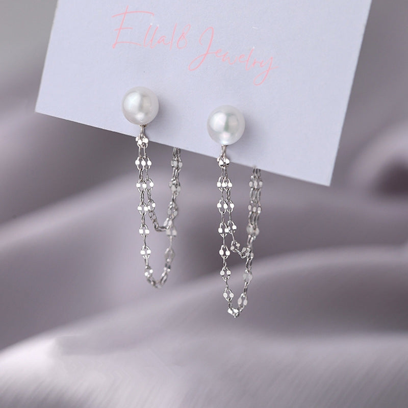 Sterling Silver Pearl Double Tile Chain Earrings