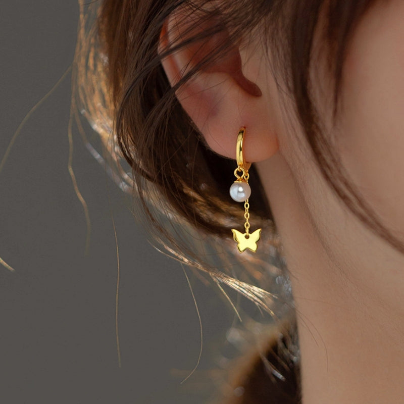 Sterling Silver Pearl Polished Butterfly Tassel Earrings