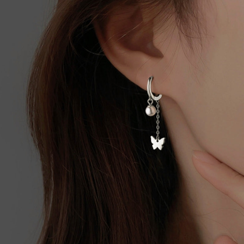 Sterling Silver Pearl Polished Butterfly Tassel Earrings