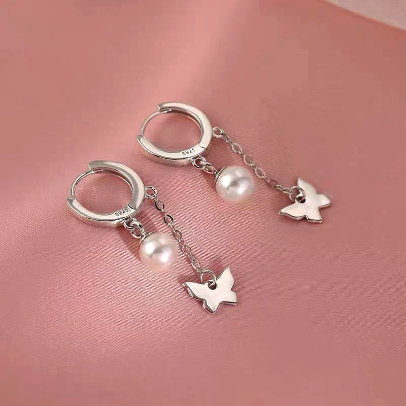 Sterling Silver Pearl Polished Butterfly Tassel Earrings