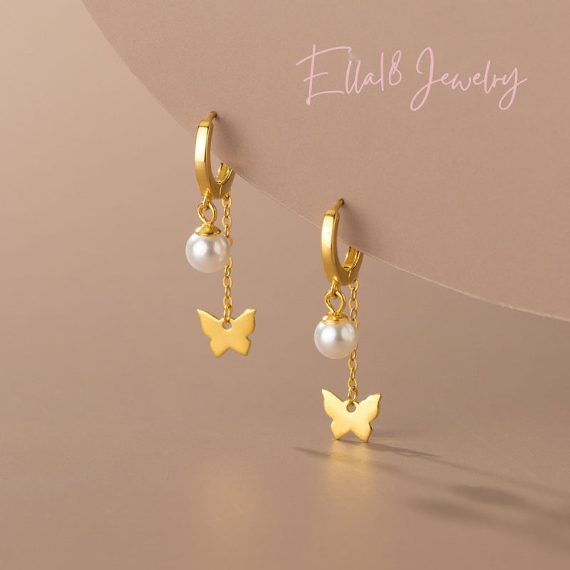 Sterling Silver Pearl Polished Butterfly Tassel Earrings