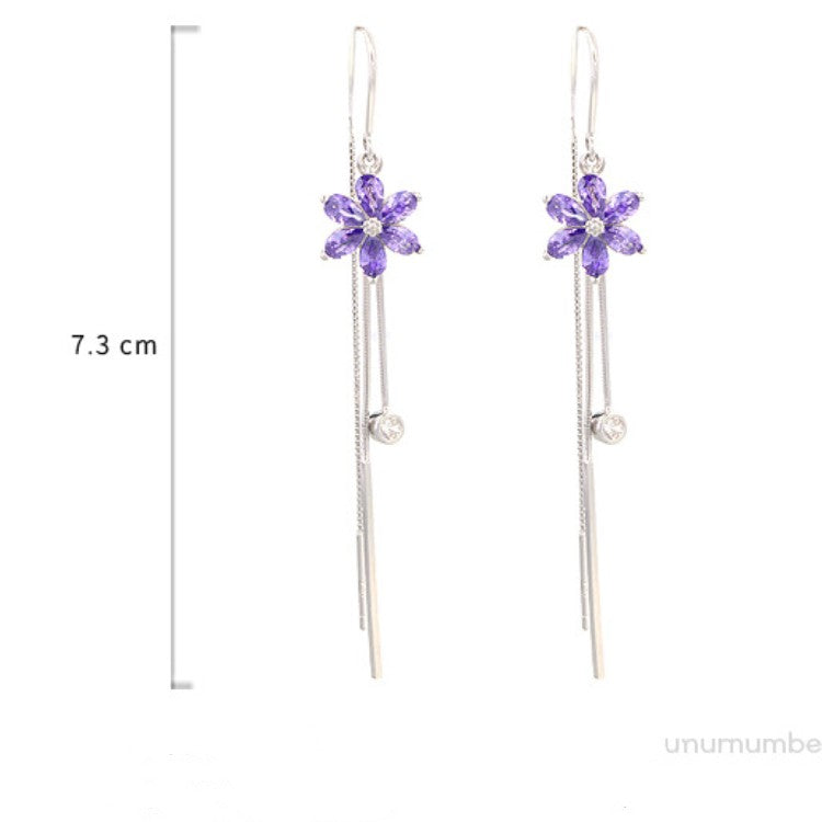 Sterling Silver Purple Zircon Flower Tassel Threader Earrings