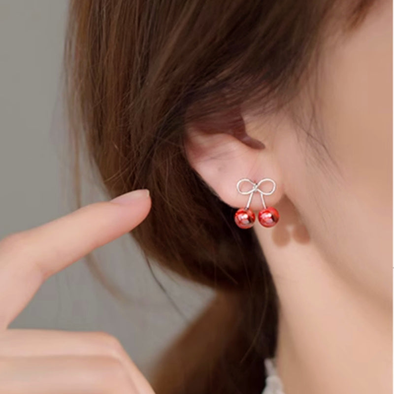 Sterling Silver Red Stone Zircon Cherry Stud Earrings
