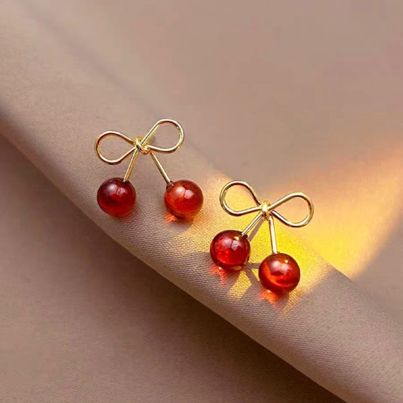 Sterling Silver Red Stone Zircon Cherry Stud Earrings