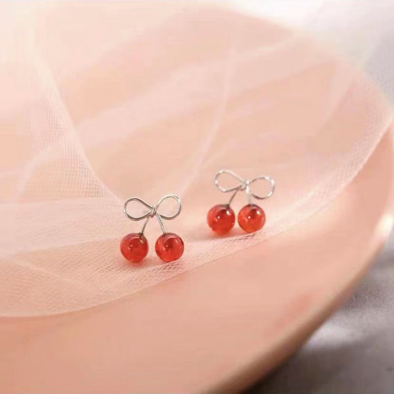 Sterling Silver Red Stone Zircon Cherry Stud Earrings