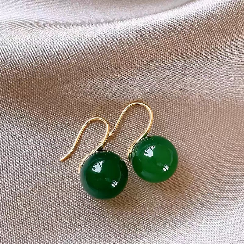 Sterling Silver Simple Green Agate Ear Hook Earrings