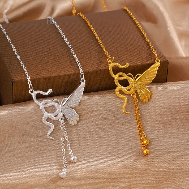 Sterling Silver Snake And Butterfly Tassel Necklace
