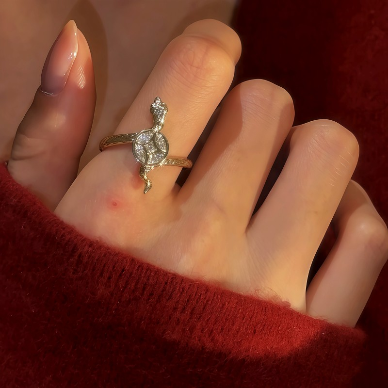Sterling Silver Snake Diamond-Encrusted Rotating Copper Coin Rings