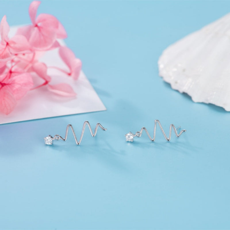 Sterling Silver Solitaire Wave Heartbeat Earrings