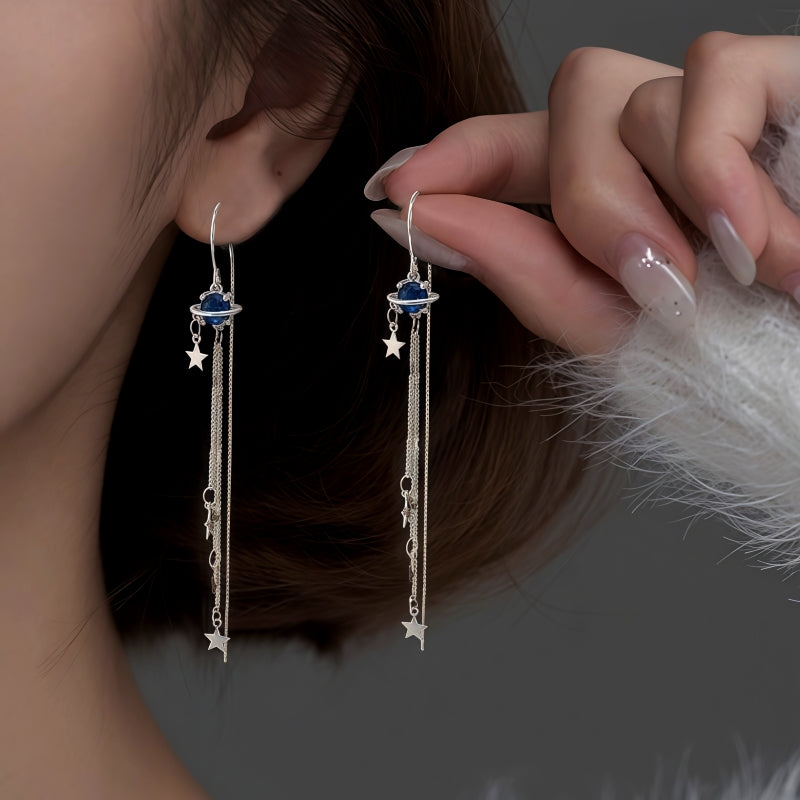 Sterling Silver Space Star Threader Tassel Earrings